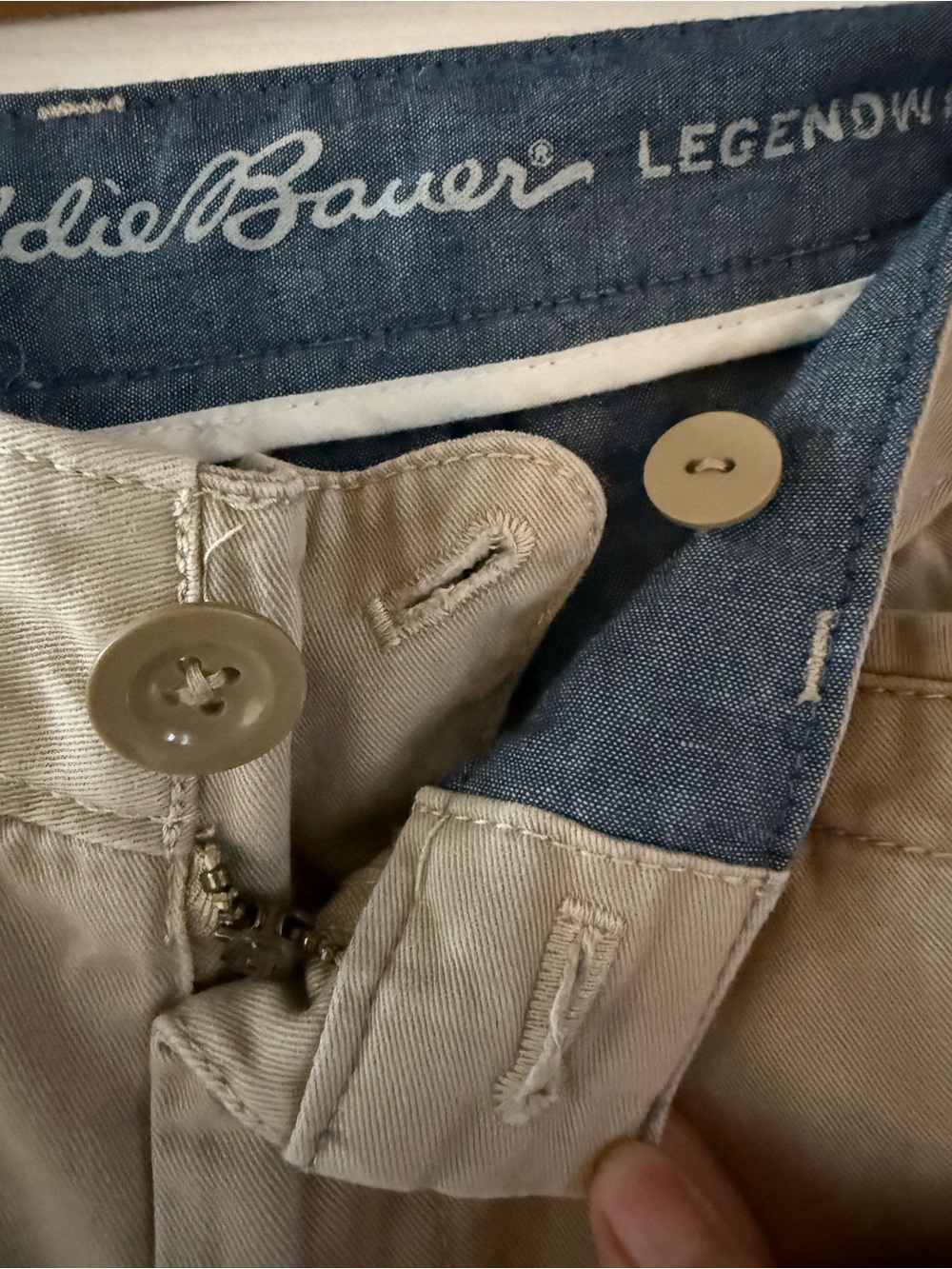 Eddie Bauer Legendwash Cotton Tan Khaki Pants with Blue Waistband Detail - Picture 2 of 8